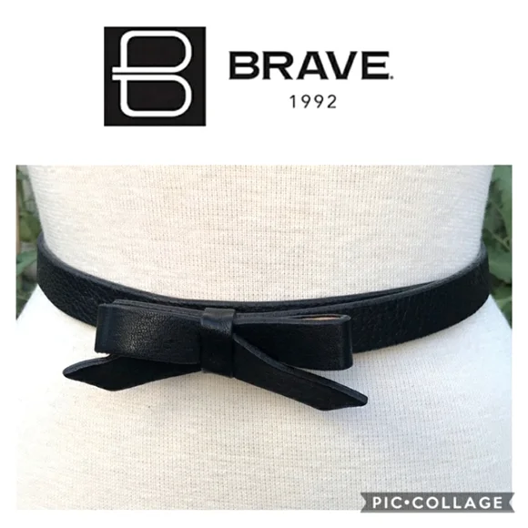 BRAVE LEATHER Skinny Black Bow Belt - Size 28 - Picture 1 of 8